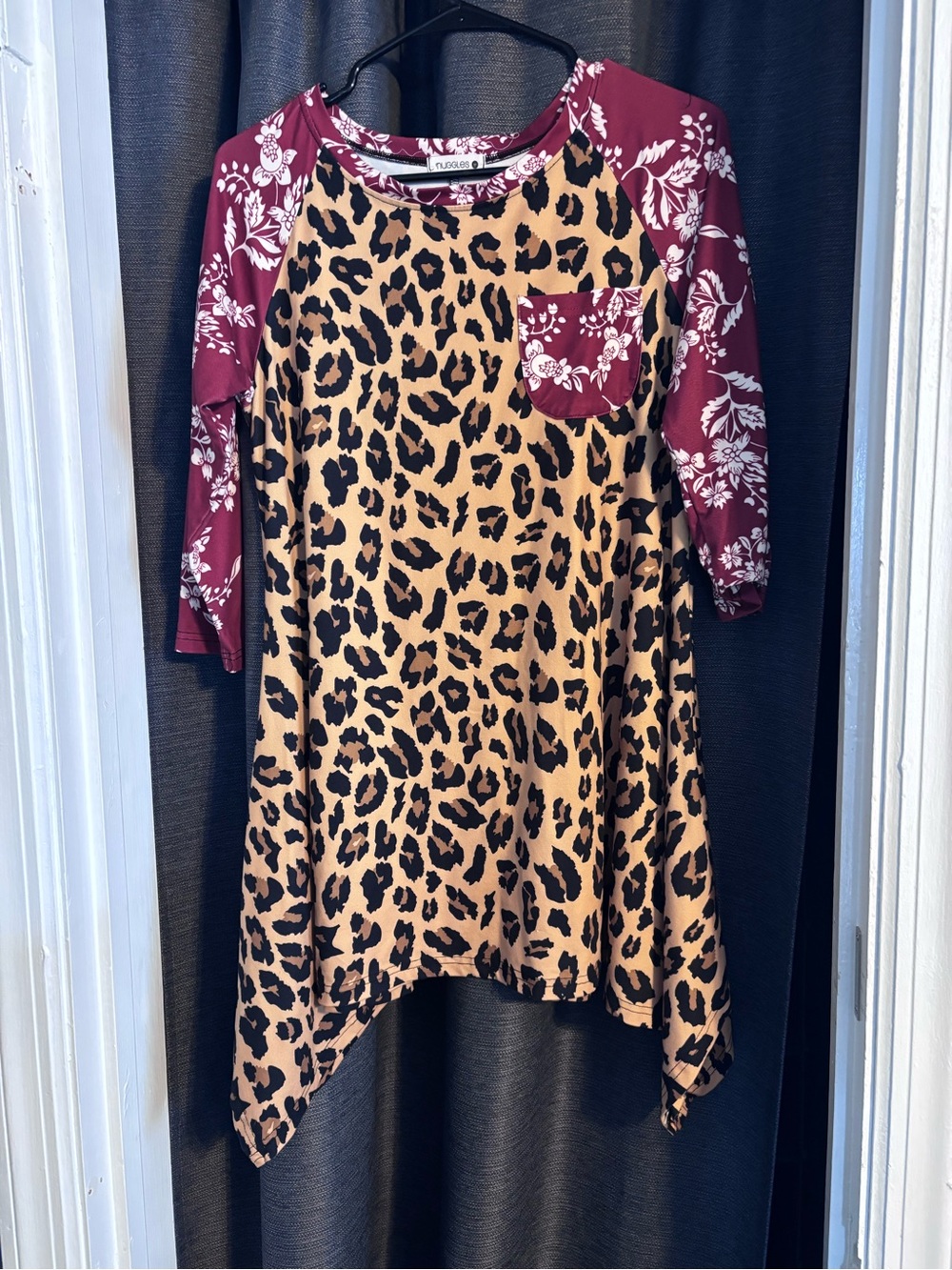 Leopard Print Swing Top with Burgundy Floral Raglan Sleeves